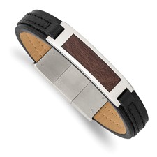 Image of Stainless Steel Polished with Wood Inlay Black Leather w/.5in ext Bracelet