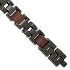 Image of Chisel Stainless Steel Brushed Black IP-plated with Wood Inlay 8 inch Link Bracelet with .5 inch Extension
