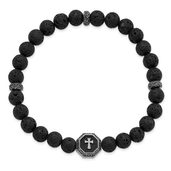 Chisel Stainless Steel Antiqued and BrushedCross 8.5mm Lava Stone Beaded Stretch Bracelet — alternate view