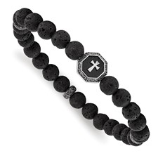 Image of Chisel Stainless Steel Antiqued and BrushedCross 8.5mm Lava Stone Beaded Stretch Bracelet