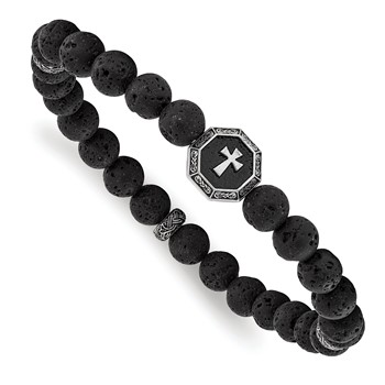 Chisel Stainless Steel Antiqued and BrushedCross 8.5mm Lava Stone Beaded Stretch Bracelet