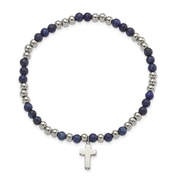 Chisel Stainless Steel Polished 4mm Lapis Beaded with Cross Dangle Beaded Stretch Bracelet — alternate view