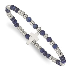 Image of Chisel Stainless Steel Polished 4mm Lapis Beaded with Cross Dangle Beaded Stretch Bracelet