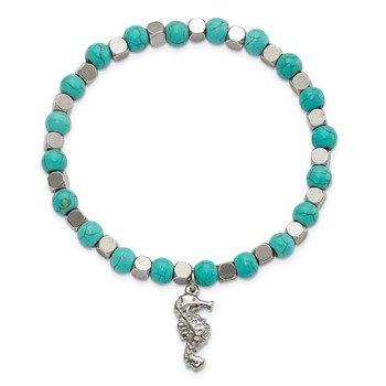Chisel Stainless Steel Polished 6.5mm Seahorse Imitation Turquoise Beaded Stretch Bracelet — alternate view