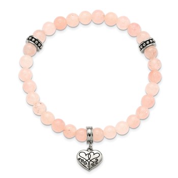 Chisel Stainless Steel Antiqued and Polished I LOVE YOU MORE Heart Dangle 6.5mm Pink Jade Beaded Stretch Bracelet — alternate view