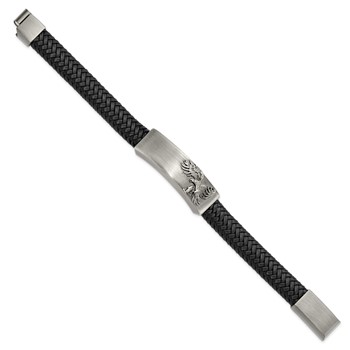 Chisel Stainless Steel Antiqued and Brushed Eagle Braided Black Leather 8.5 inch ID Bracelet — alternate view