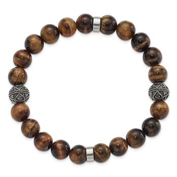 Chisel Stainless Steel Antiqued and Polished 10mm Tiger's Eye Stretch Bracelet — alternate view