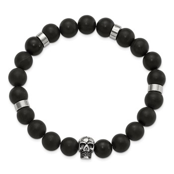 Chisel Stainless Steel Antiqued and Polished Black Agate Beaded with Skulls Stretch Bracelet — alternate view