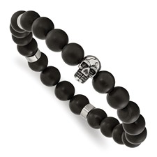Image of Chisel Stainless Steel Antiqued and Polished Black Agate Beaded with Skulls Stretch Bracelet
