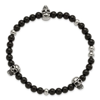 Chisel Stainless Steel Antiqued and Polished Black Agate Beaded with Skulls Stretch Bracelet — alternate view