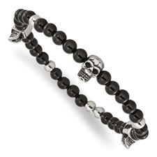 Image of Chisel Stainless Steel Antiqued and Polished Black Agate Beaded with Skulls Stretch Bracelet