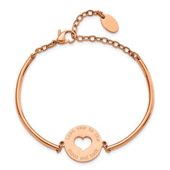 Chisel Stainless Steel Polished Rose IP-plated with Cut out LOVE YOU TO THE MOON AND BACK Heart Bangle 6.5 inch Bracelet with 2 inch Extension — alternate view
