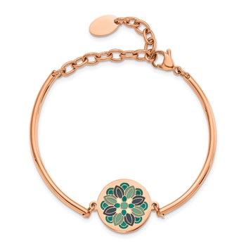 Chisel Stainless Steel Polished Rose IP-plated with Enamel Flower 5.5 inch Bangle Bracelet with 2 inch Extension — alternate view