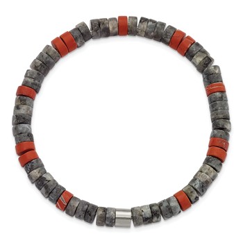 Chisel Stainless Steel Brushed Spectrolite and Red Natural Stone Beaded Stretch Bracelet — alternate view