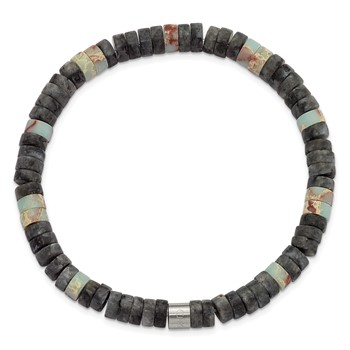 Chisel Stainless Steel Brushed Shoushan and Black Spectrolite Beaded Stretch Bracelet — alternate view