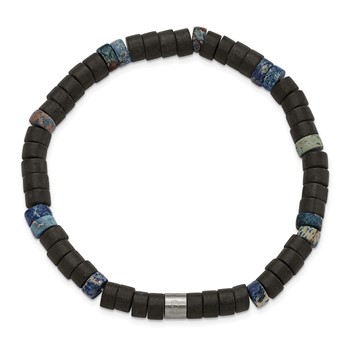 Chisel Stainless Steel Brushed Blue Sediment and Black Agate Beaded Stretch Bracelet — alternate view