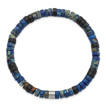 Chisel Stainless Steel Brushed Blue Sediment and Black Agate Beaded Stretch Bracelet — alternate view
