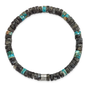 Chisel Stainless Steel Brushed Blue Sediment and Black Spectrolite Beaded Stretch Bracelet — alternate view