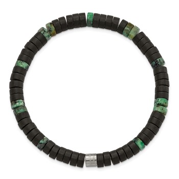 Chisel Stainless Steel Brushed Green Sediment and Black Agate Beaded Stretch Bracelet — alternate view