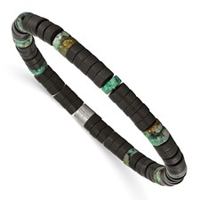 Image of Chisel Stainless Steel Brushed Green Sediment and Black Agate Beaded Stretch Bracelet