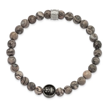 Chisel Stainless Steel Antiqued and Brushed Buddha 6.5mm Map Stone Beaded Stretch Bracelet — alternate view