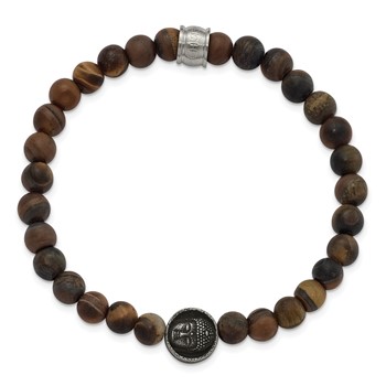 Chisel Stainless Steel Antiqued and Brushed Buddha 6.5mm Tiger's Eye Beaded Stretch Bracelet — alternate view