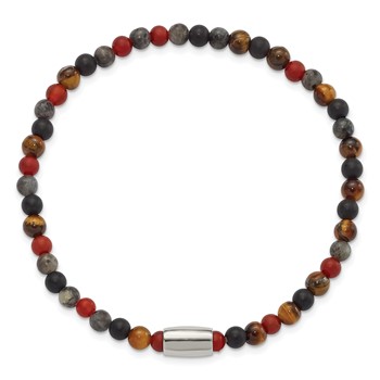 "Chisel Stainless Steel Polished 5mm Spectrolite, Agate and Tiger's Eye Beaded Stretch Bracelet" — alternate view