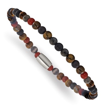 "Chisel Stainless Steel Polished 5mm Spectrolite, Agate and Tiger's Eye Beaded Stretch Bracelet"