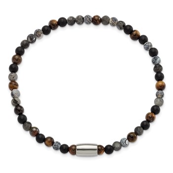 "Chisel Stainless Steel Polished 5mm Spectrolite, Agate, Tiger's Eye and Blue Stone Beaded Stretch Bracelet " — alternate view