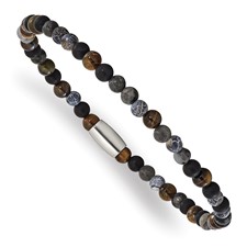 Image of "Chisel Stainless Steel Polished 5mm Spectrolite, Agate, Tiger's Eye and Blue Stone Beaded Stretch Bracelet "