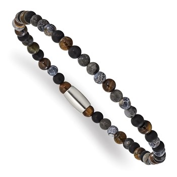 "Chisel Stainless Steel Polished 5mm Spectrolite, Agate, Tiger's Eye and Blue Stone Beaded Stretch Bracelet "