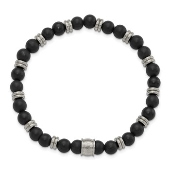 Chisel Stainless Steel Brushed 6.5mm Black Agate Beaded Stretch Bracelet — alternate view
