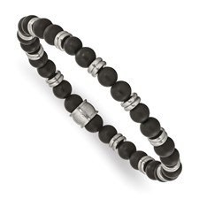 Image of Chisel Stainless Steel Brushed 6.5mm Black Agate Beaded Stretch Bracelet