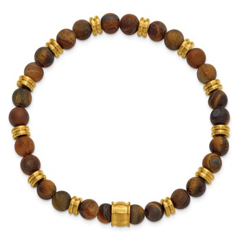 Chisel Stainless Steel Brushed Yellow IP-plated 6.5mm Tiger's Eye Beaded Stretch Bracelet — alternate view