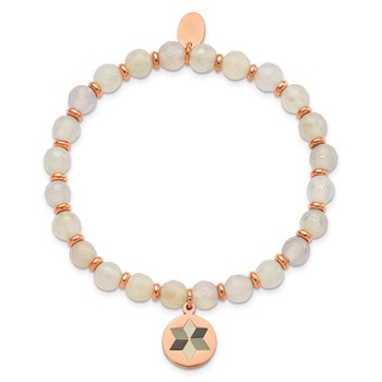 Chisel Stainless Steel Polished Rose IP-plated Enameled Flower Charm 6mm Jade Beaded Stretch Bracelet — alternate view