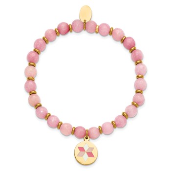 Chisel Stainless Steel Polished Rose IP-plated Enameled Flower Charm 6mm Pink Agate Beaded Stretch Bracelet — alternate view
