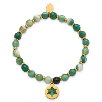 Chisel Stainless Steel Polished Yellow IP-plated Enameled Flower Charm 6mm Green Agate Beaded Stretch Bracelet — alternate view