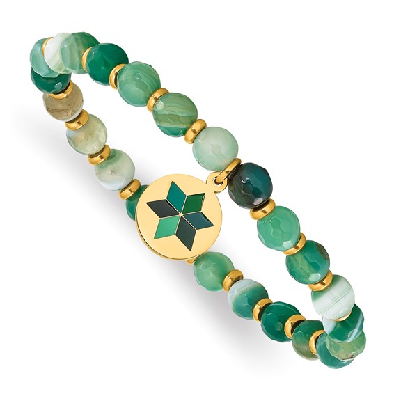 Chisel Stainless Steel Polished Yellow IP-plated Enameled Flower Charm 6mm  Green Agate Beaded Stretch Bracelet - Quality Gold