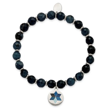 Chisel Stainless Steel Polished Enameled Flower Charm 6mm Blue Jade Beaded Stretch Bracelet — alternate view