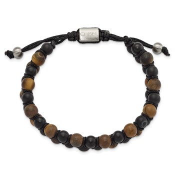Chisel Stainless Steel Brushed Tiger's Eye and Black Agate Black Nylon Adjustable Bracelet — alternate view