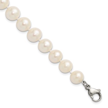 Chisel Stainless Steel Polished 9-10mm Hand Knotted White Round Freshwater Cultured Pearl 8 inch Bracelet
