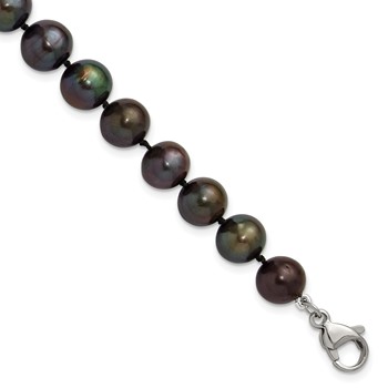 Chisel Stainless Steel Polished 9-10mm Hand Knotted Black Round Freshwater Cultured Pearl 8 inch Bracelet