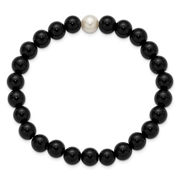 Chisel 8-9mm Black Onyx and White Freshwater Cultured Pearl Beaded 7.25 inch Stretch Bracelet — alternate view