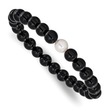 Image of Chisel 8-9mm Black Onyx and White Freshwater Cultured Pearl Beaded 7.25 inch Stretch Bracelet