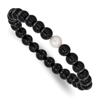 Chisel 8-9mm Black Onyx and White Freshwater Cultured Pearl Beaded 7.25 inch Stretch Bracelet