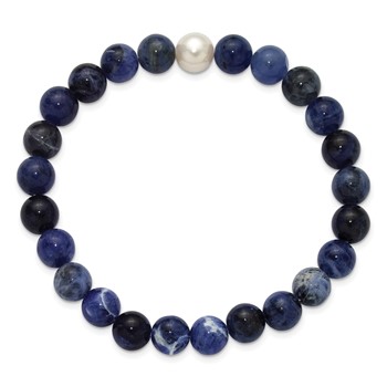 Chisel 8-9mm Lapis and White Freshwater Cultured Pearl Beaded 7.25 inch Stretch Bracelet — alternate view