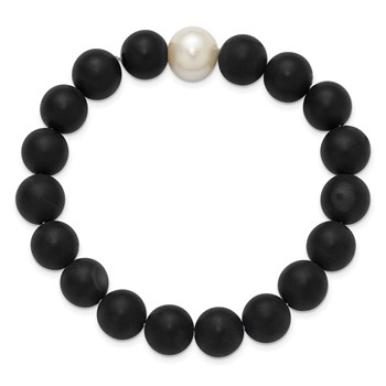 Chisel 10-11mm Black Agate and White Freshwater Cultured Pearl Beaded 6.5 inch Stretch Bracelet — alternate view