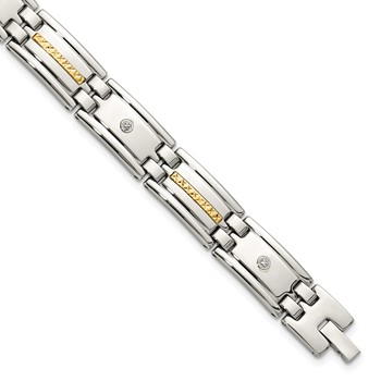 Chisel Stainless Steel Polished with Diamond-cut 14K Gold Accent and .03ct. Diamond 8.75 inch Link Bracelet