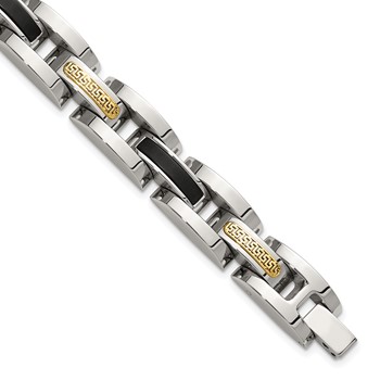 Chisel Stainless Steel Polished with 14K Gold Accent and Onyx 8.25 inch Link Bracelet