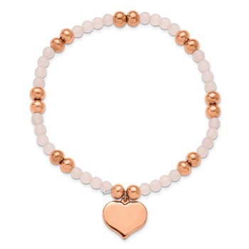 Chisel Stainless Steel Polished Rose IP-plated Heart Dangle 6mm Pink Quartz Beaded 7.75 inch Stretch Bracelet — alternate view